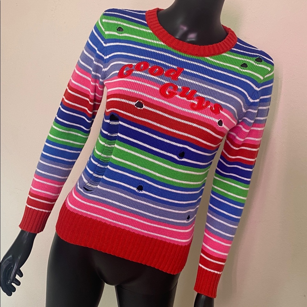 CHUCKY Good Guys Striped Multicolor Distressed Crewneck Sweater - Red Trim